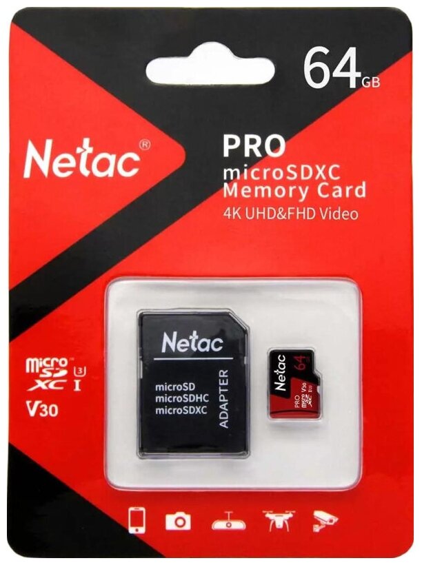 Карта памяти Netac MicroSD card P500 Extreme Pro 64GB retail version w/SD