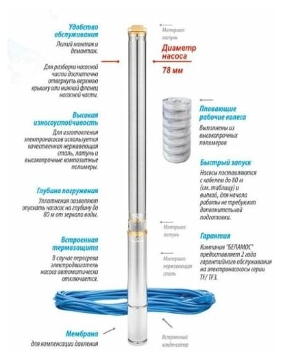 Насос скважинный "Беламос" TF3-80, центробежный, 1000 Вт, напор 85 м, 45 л/мин, кабель 50 м - фотография № 10