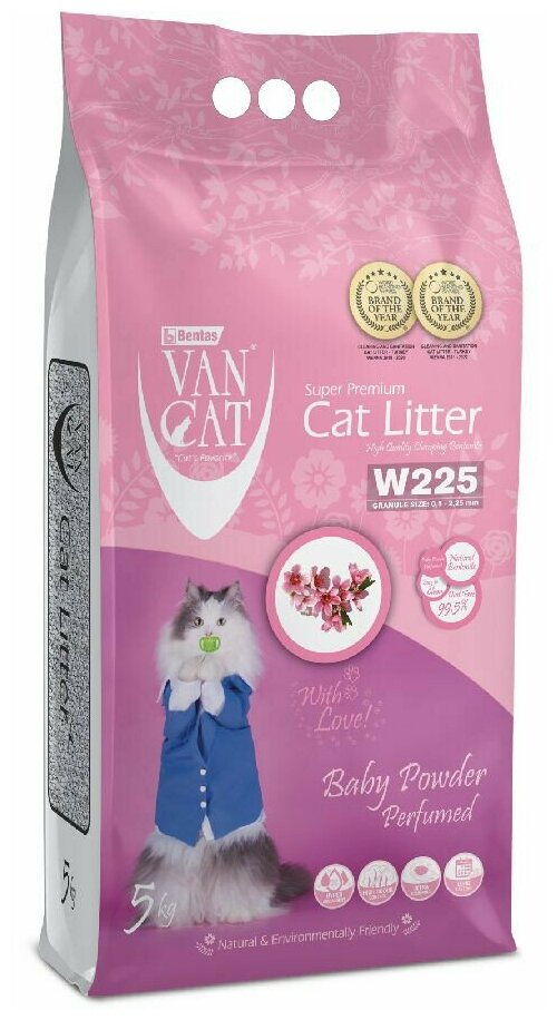 Van Cat W225 комкующийся наполнитель для кошек, без пыли, с ароматом детской присыпки - 5 кг