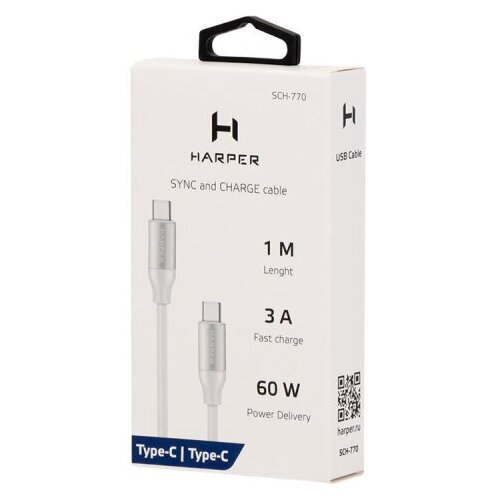 Кабель Type-C - Type-C, HARPER, SCH-770, 1м, белый, H00002927 , 1 шт. кабель harper sch 770 белый type c type c 3a быстрая зарядка power delivery 60w