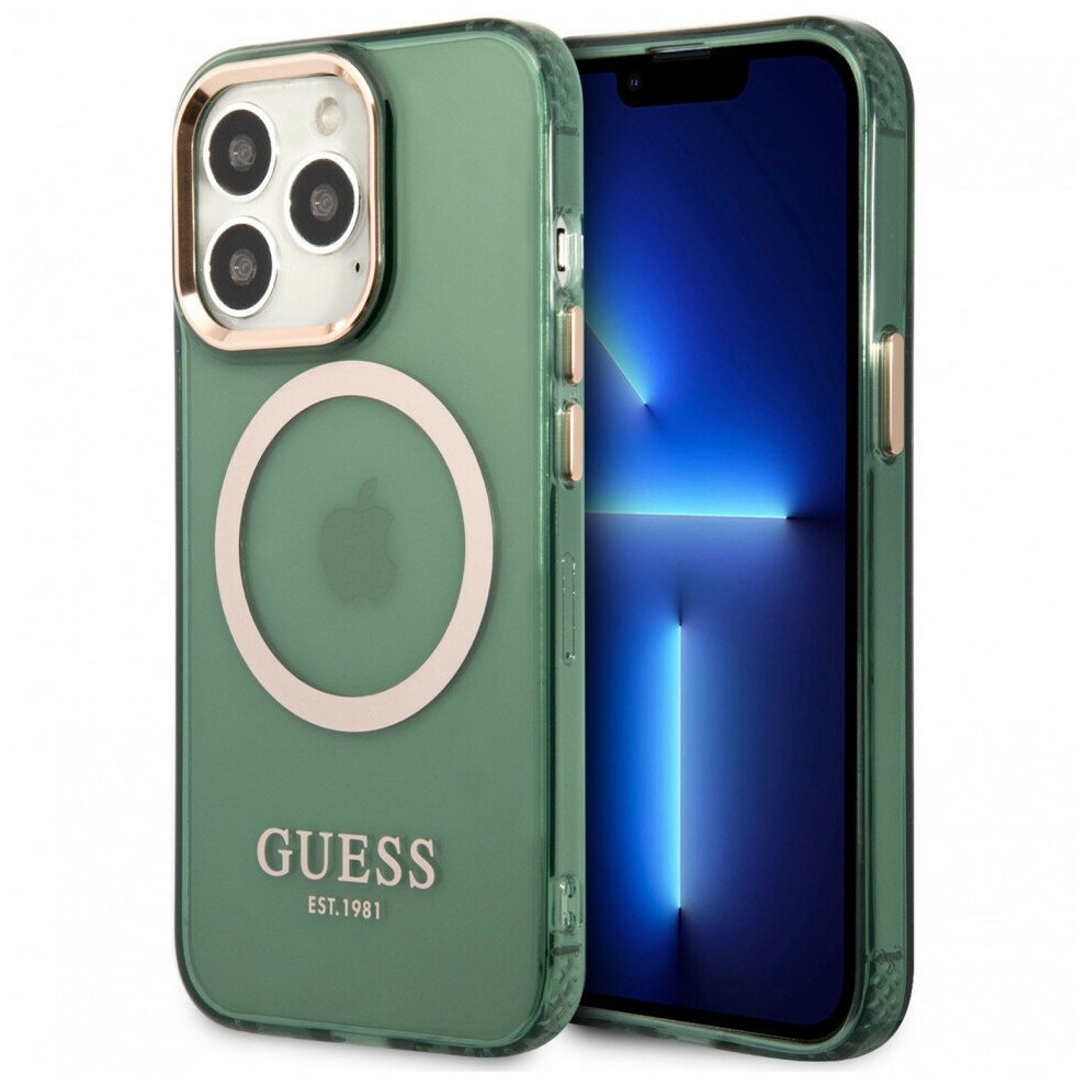 Чехол Guess Metal outline Hard Translucent для iPhone 13 Pro Max, зеленый/золотой (MagSafe)