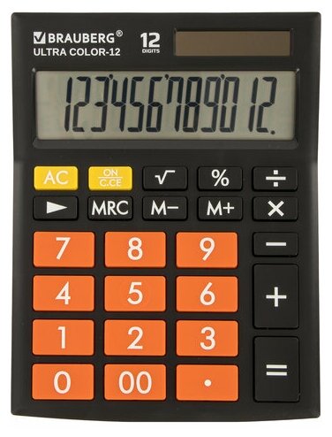 Калькулятор настольный BRAUBERG ULTRA COLOR-12-BKRG (192x143 мм), 12 разрядов, двойное питание, черно-оранжевый, 250499