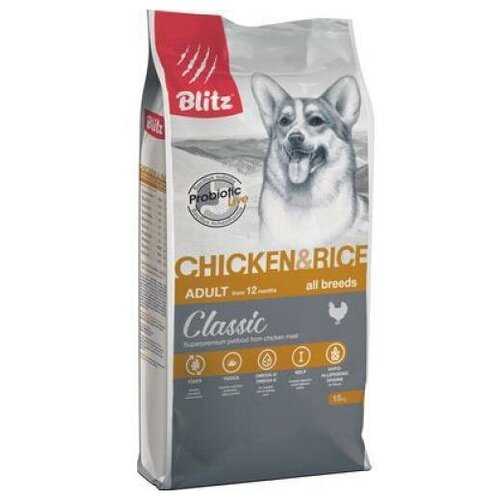 Сухой корм для взрослых собак всех пород Blitz Classic Chicken&Rice Adult Dog All Breeds с курицей и рисом 15 кг.