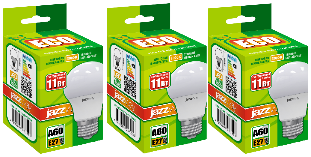 Лампа светодиодная PLED-ECO 11w E27 3000K 880Lm 220V/50Hz 1033208 Jazzway (3 шт)