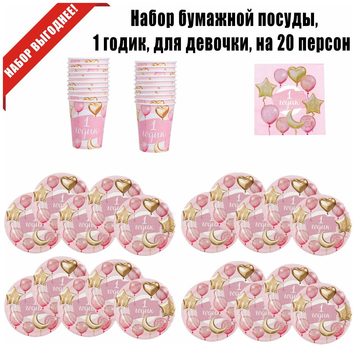Набор бумажной посуды, 1 годик, для девочки, цвет розовый, на 20 персон - фотография № 2