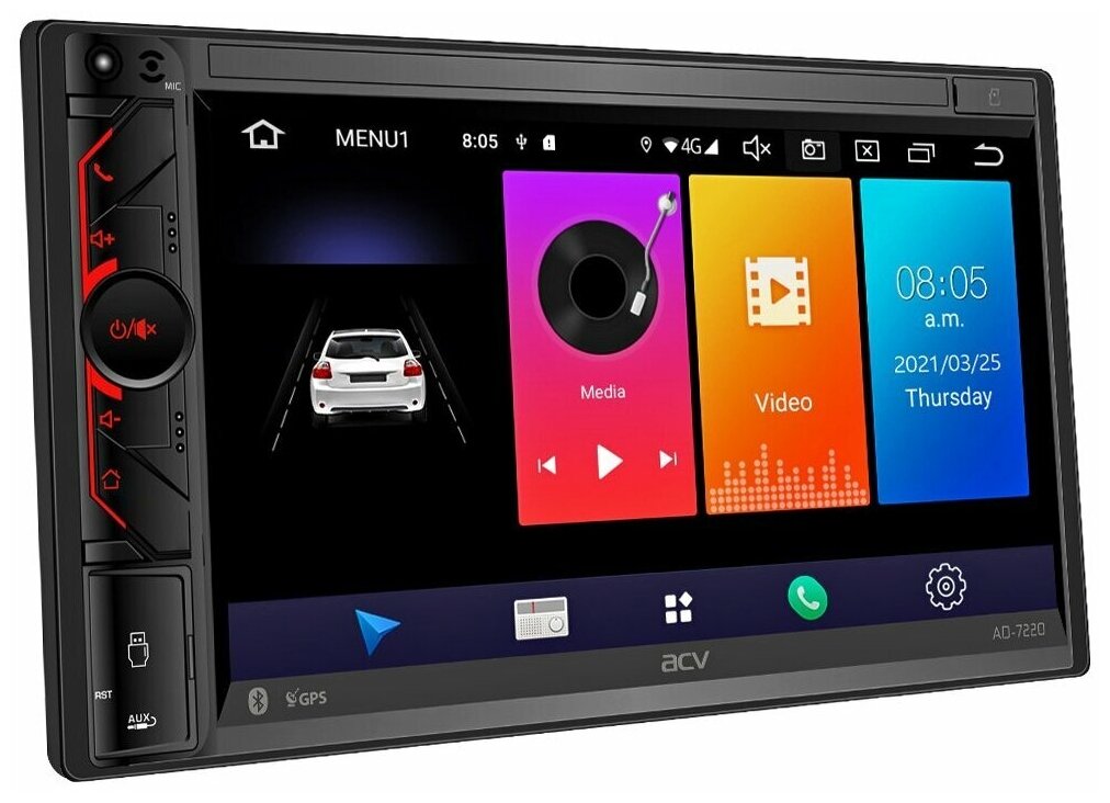 Автомагнитола ACV AD-7220 (2din EURO/мультимедиа/6.9"/Android 9/1024*600/2+32Гб/FM/AM/USB/RDS/SD/4*50/BT/GPS/4G)