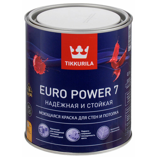 Краска Tikkurila Euro Power-7, моющаяся, для стен и потолков, цвет: белый, 0,9 л краска водно дисперсионная tikkurila oasis hall