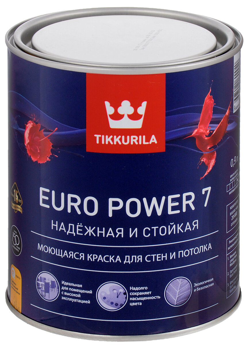 Краска Tikkurila "Euro Power-7", моющаяся, для стен и потолков, цвет: белый, 0,9 л