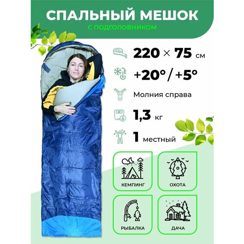 Водонепроницаемый спальный мешок демисезонный (правый) 1,3 кг 190х75 см с подголовником 30 см синий