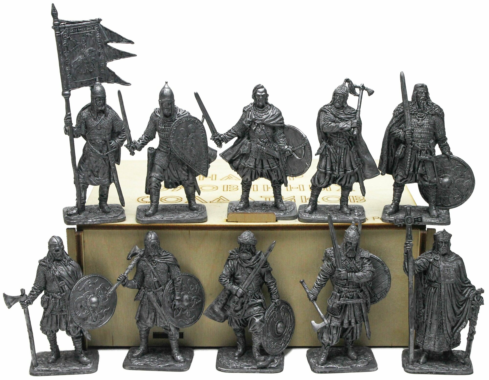 "Русские средневековые воины" №10-3ЕК (10 н/к) в фанерной коробке набор оловянных солдатиков некрашенных