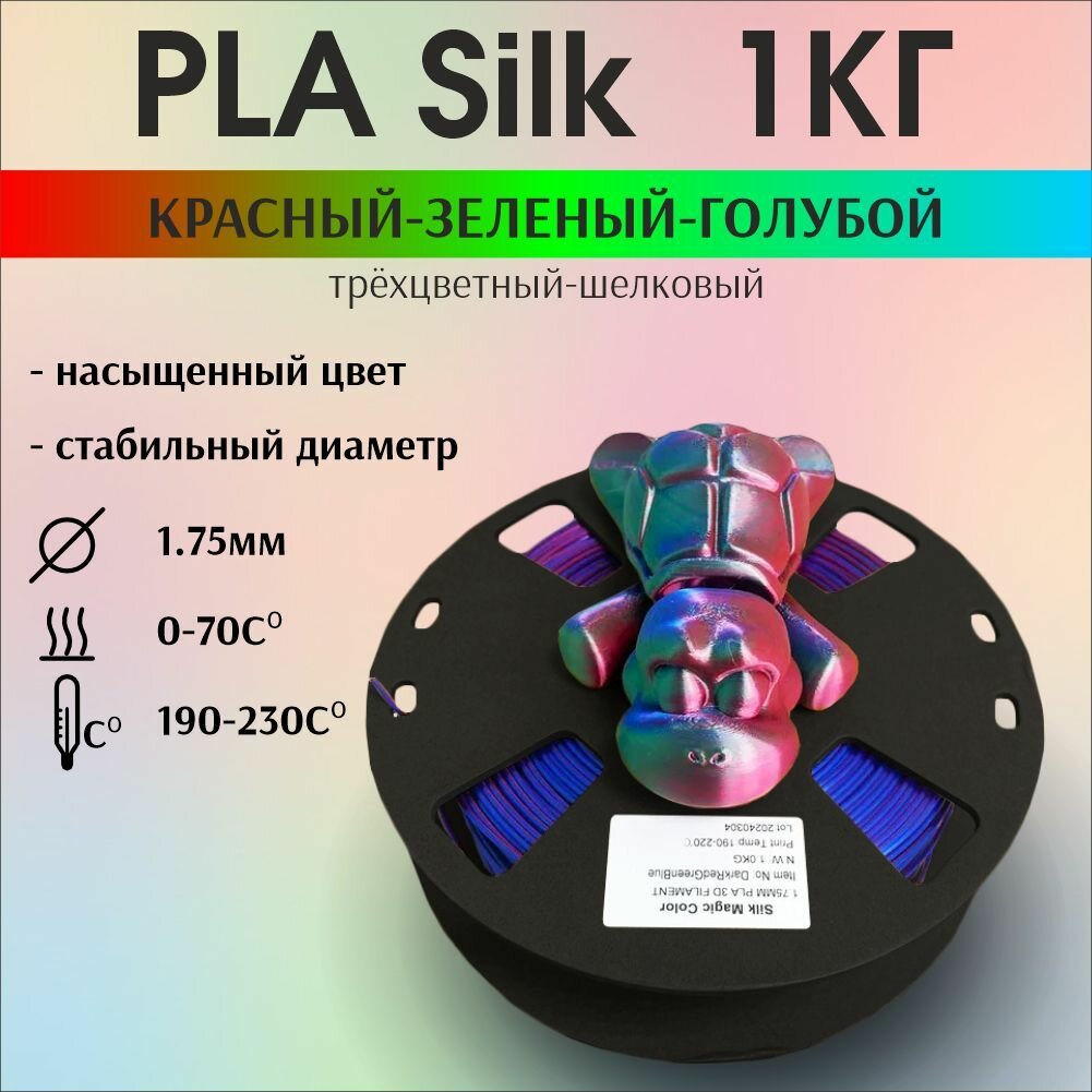 Пластик для 3D печати PLA Silk трехцветный, радужный, шелковый. 1кг