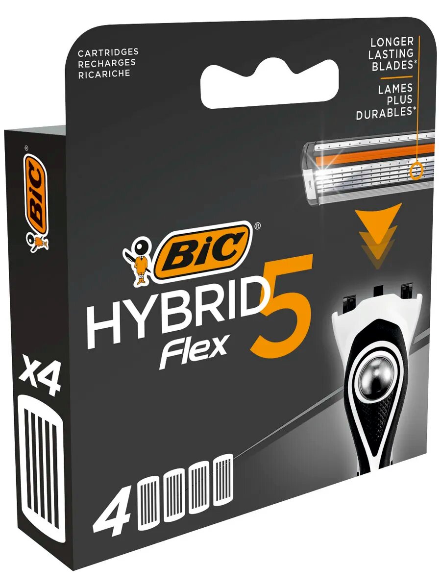 Сменные кассеты BIC Hybrid Flex 5, для бритвы, нержавеющая сталь, черно-серые, 4шт — фото 1
