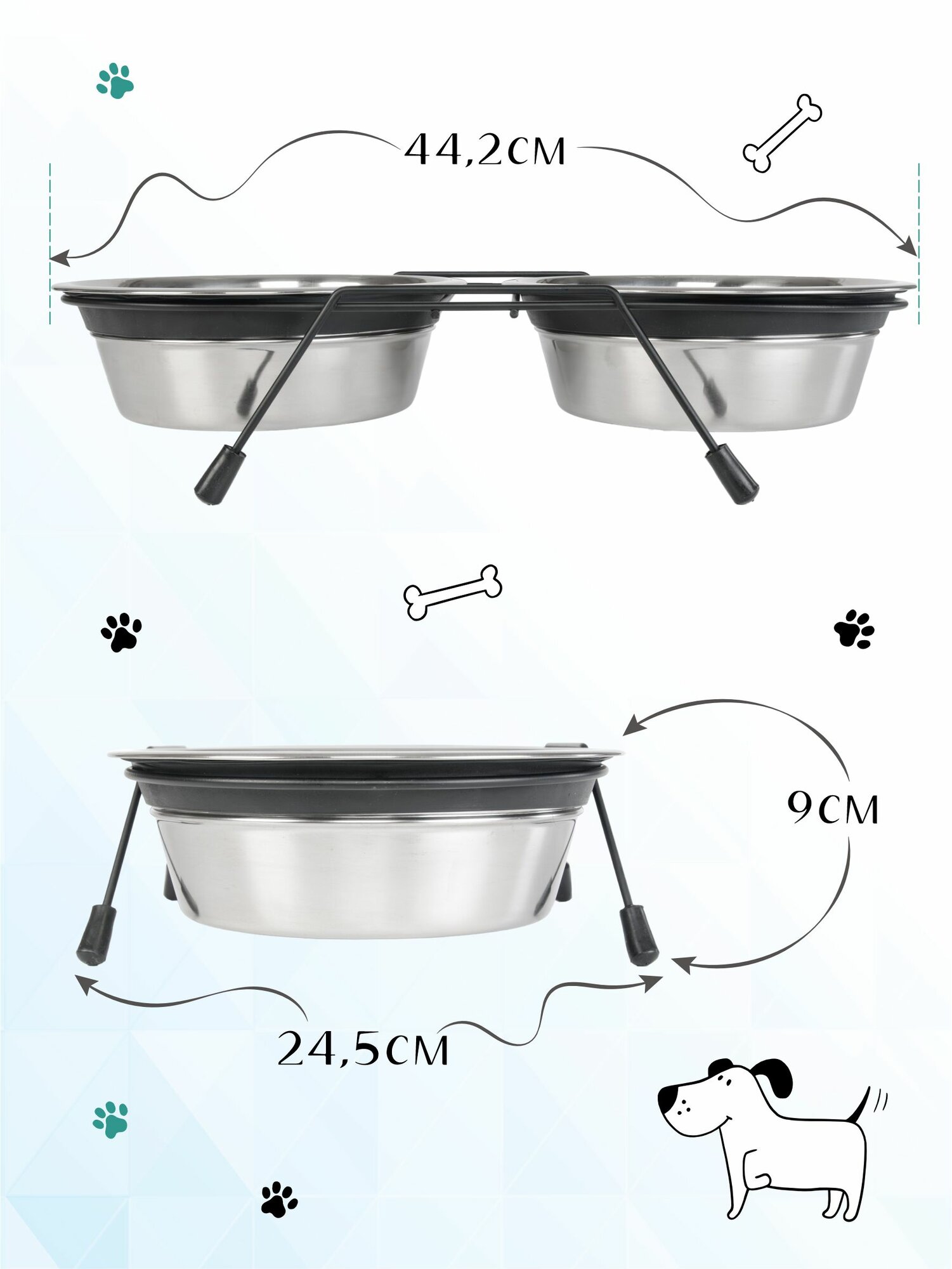 ZooZooZoo Миска для животных металлическая двойная на подставке, чёрная, 2х1650мл, 21см — фото 1
