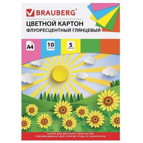 Картон цветной А4 мелованный (глянцевый), флуоресцентный, 10 листов 5 цветов, в папке, BRAUBERG, 200х290 мм, Лето, 2 шт. набор цветного картона art idea флуоресцентный 8 цветов а4