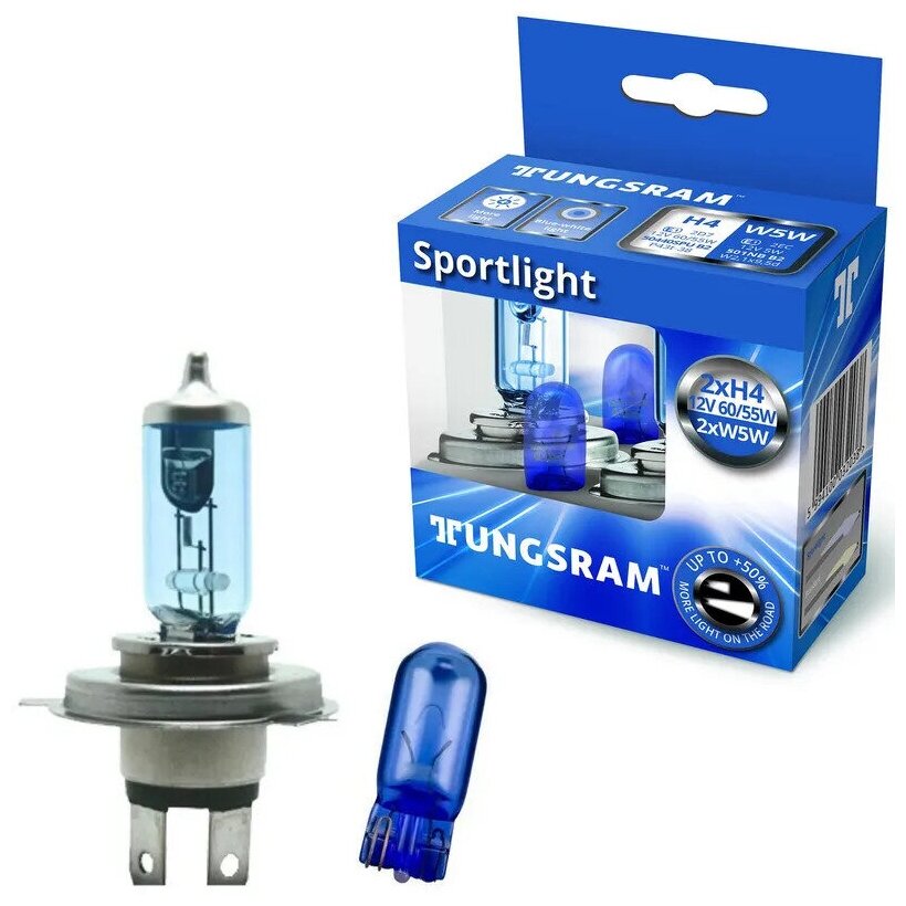 Лампы TUNGSRAM , H4+50% "Sportlight", 12V. 60/55W, P43t-38, 3800K, комплект 2 шт+2шт w5w