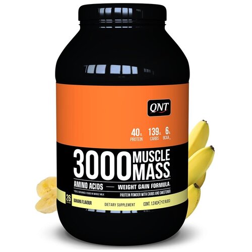 Гейнер QNT 3000 Muscle Mass, 1300 г, банан qnt metapure mass vanilla 1815 g гейнер масс метапьюр ваниль 1815 г