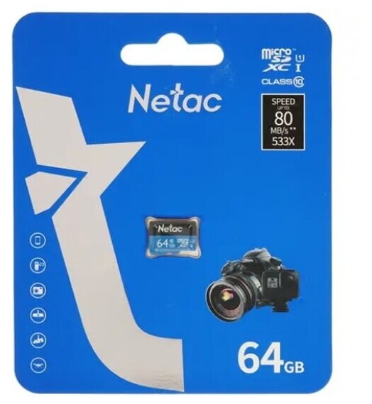 Карта памяти Netac P500 MicroSDXC 64Gb Class 10 UHS-I 80MB/s (NT02P500STN-064G-S)