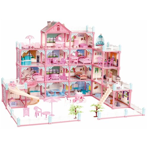 фото Кукольный домик конструктор для девочек с мебелью, светом, куклами и питомцами, 4 этажа, 11 комнат sharktoys