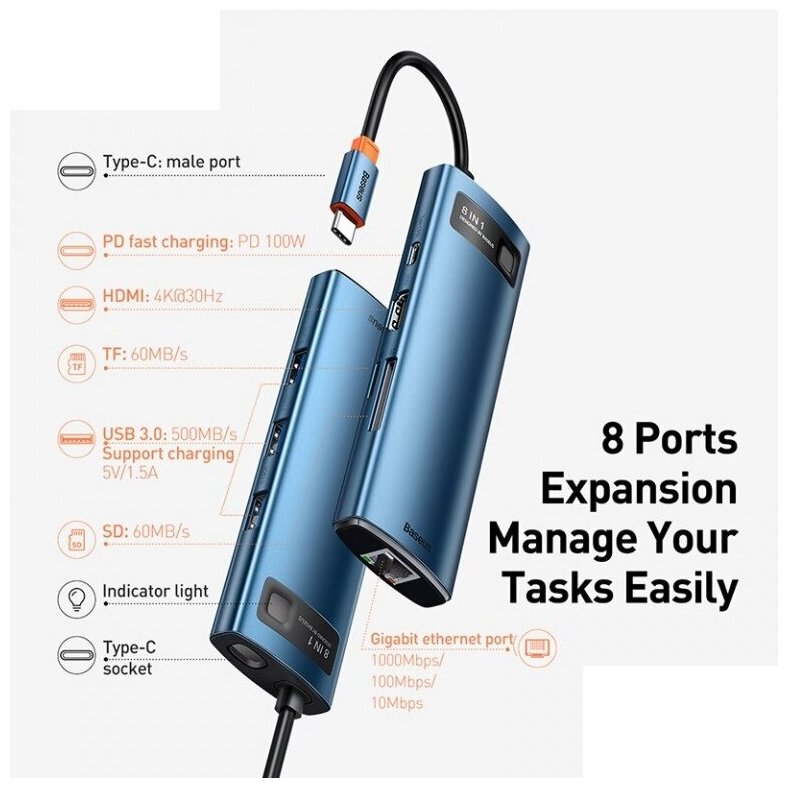 Хаб USB Baseus Metal Gleam Series 8-in-1 Multifunctional Type-C HUB Blue WKWG000103