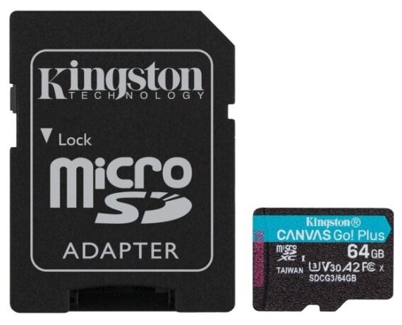 Карта памяти Kingston micro SDXC 64Gb Canvas Go Plus UHS-I U3 A2 + ADP (170/70 MB/s)