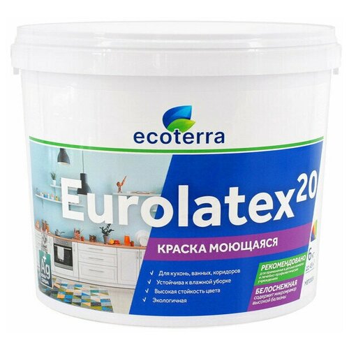 Краска акриловая Ecoterra Eurolatex 20 матовая белый 6 л 6 кг краска акриловая ecoterra eurolatex 7 матовая белый 1 3 кг