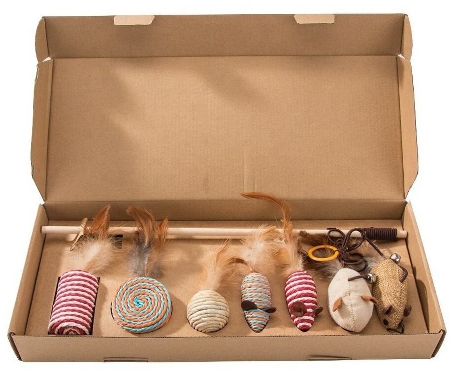 Набор игрушек для кошек в коробке 7 шт с удочкой-дразнилкой, мышки с перьями и д.р - фотография № 4