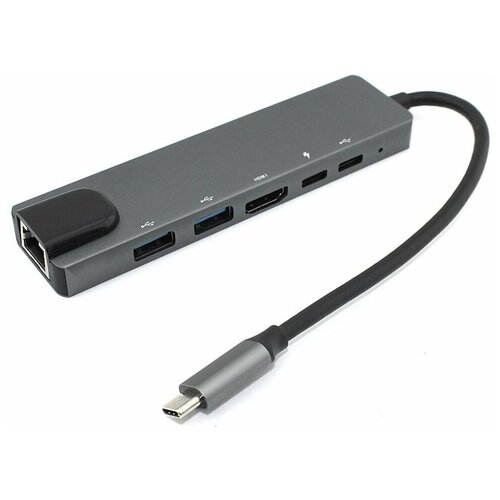 Адаптер Type C на HDMI, USB 3.0*2 + RJ45 + Type C*2 серый hdmi extender 4k 30hz 120m over rj45 ethernet lan cat5e cat6 cable cascade connection extension pc dvd to tv