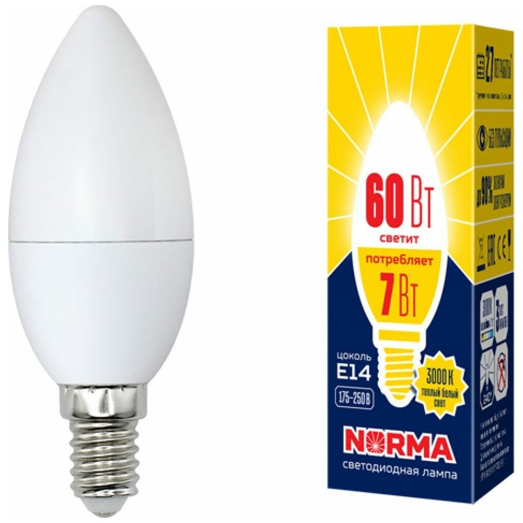 Лампочка Volpe Лампа светодиодная E14 7W 3000K матовая LED-C37-7W/WW/E14/FR/NR UL-00003796