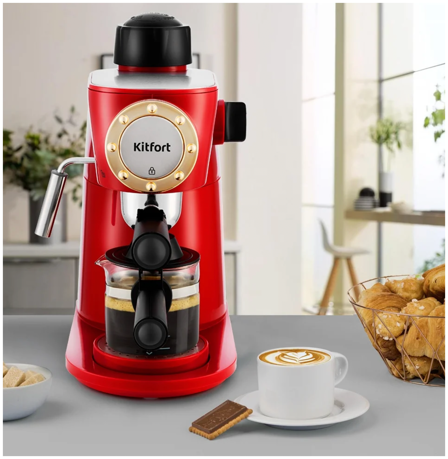 Кофеварка Kitfort, кофеварка рожкового типа, капучинатор, красный, 800Вт - фотография № 8
