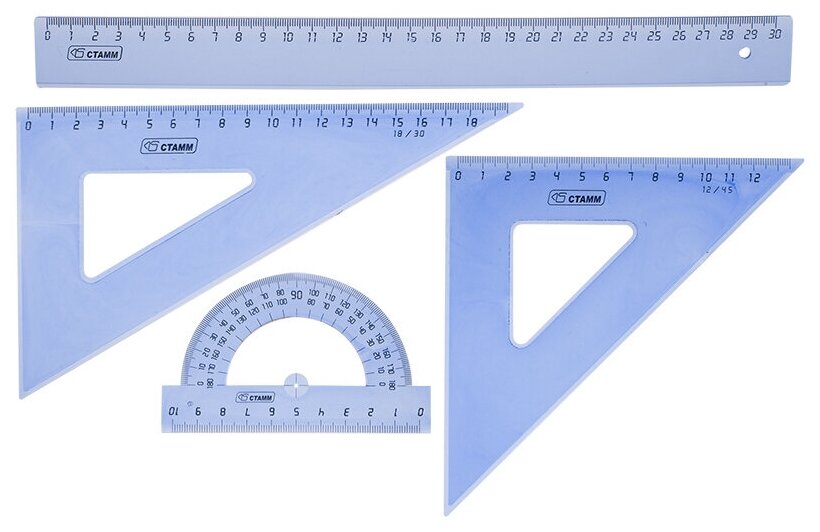 Стамм Набор чертежный большой, (треуг. 2шт, линейка 30см, транспортир), прозрачный тонированный sela25