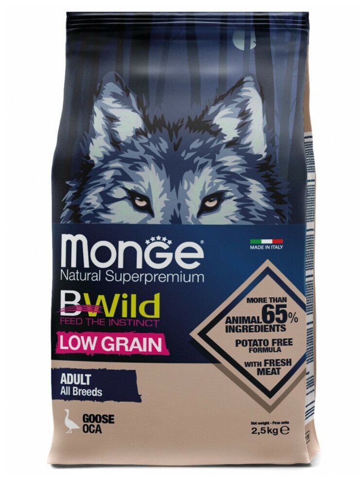 Monge Dog BWild Low Grain сухой низкозерновой корм для взрослых собак всех пород с мясом гуся 2,5 кг