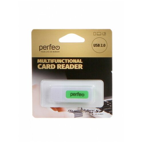 Картридер Perfeo SD/MMC+Micro SD+MS+M2, (PF-VI-R021 White/Green) белый/зелёный