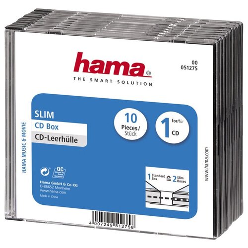 Коробка Hama H-51275 для 1 CD Slim 10 шт. Прозрачный/черный. коробка hama на 1cd dvd h 51275 прозрачный упаковка 10шт 825839 51275