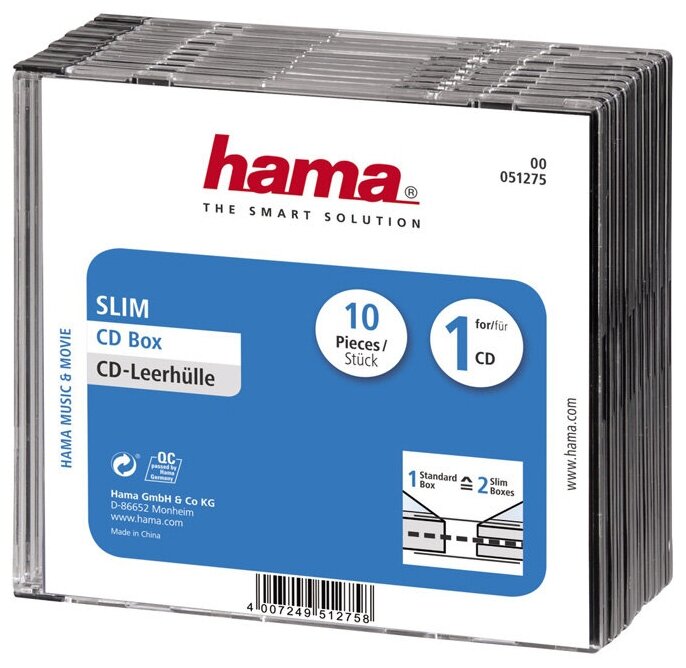 Коробка Hama на 1CD/DVD H-51275 прозрачный (упаковка 10шт) (825839) (51275)