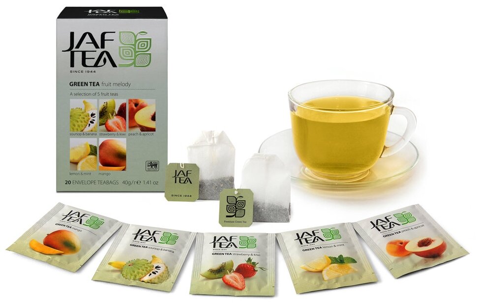 Чай зелёный JAF TEA Green Fruit Melody 20 пакетиков в конвертиках, Ассорти 5 видов