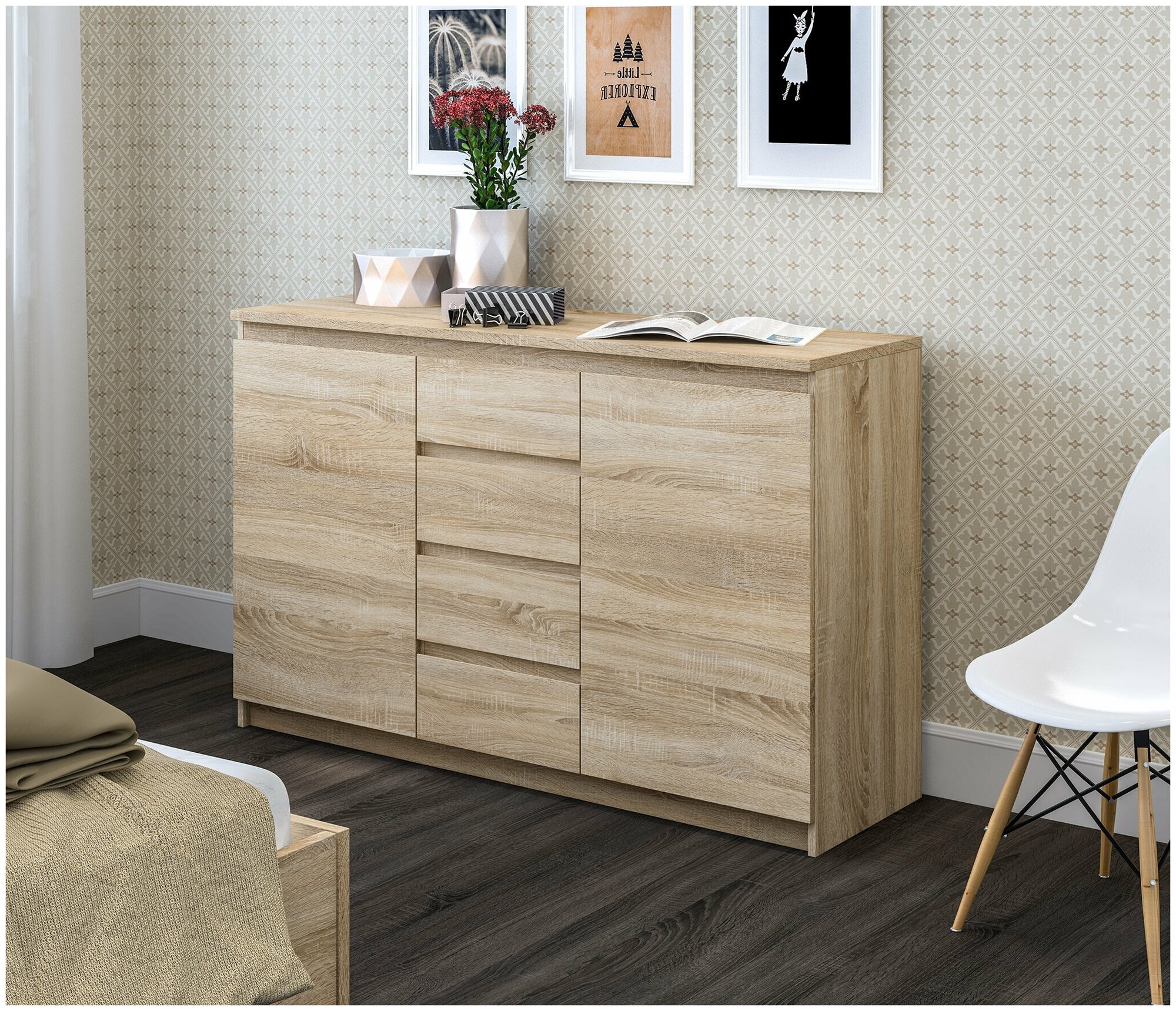 фото Двухдверный комод СТОЛПЛИТ Веста СБ-2254 с 4 ящиками, без ручек 140х88х44 см