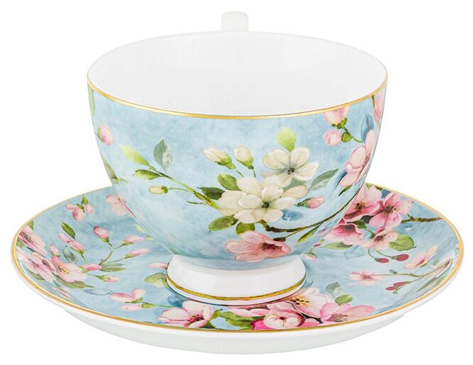 Чайная пара / чашка с блюдцем / кружка для чая, кофе "Яблоневый цвет на голубом" на ножке, 2 предмета 300 мл