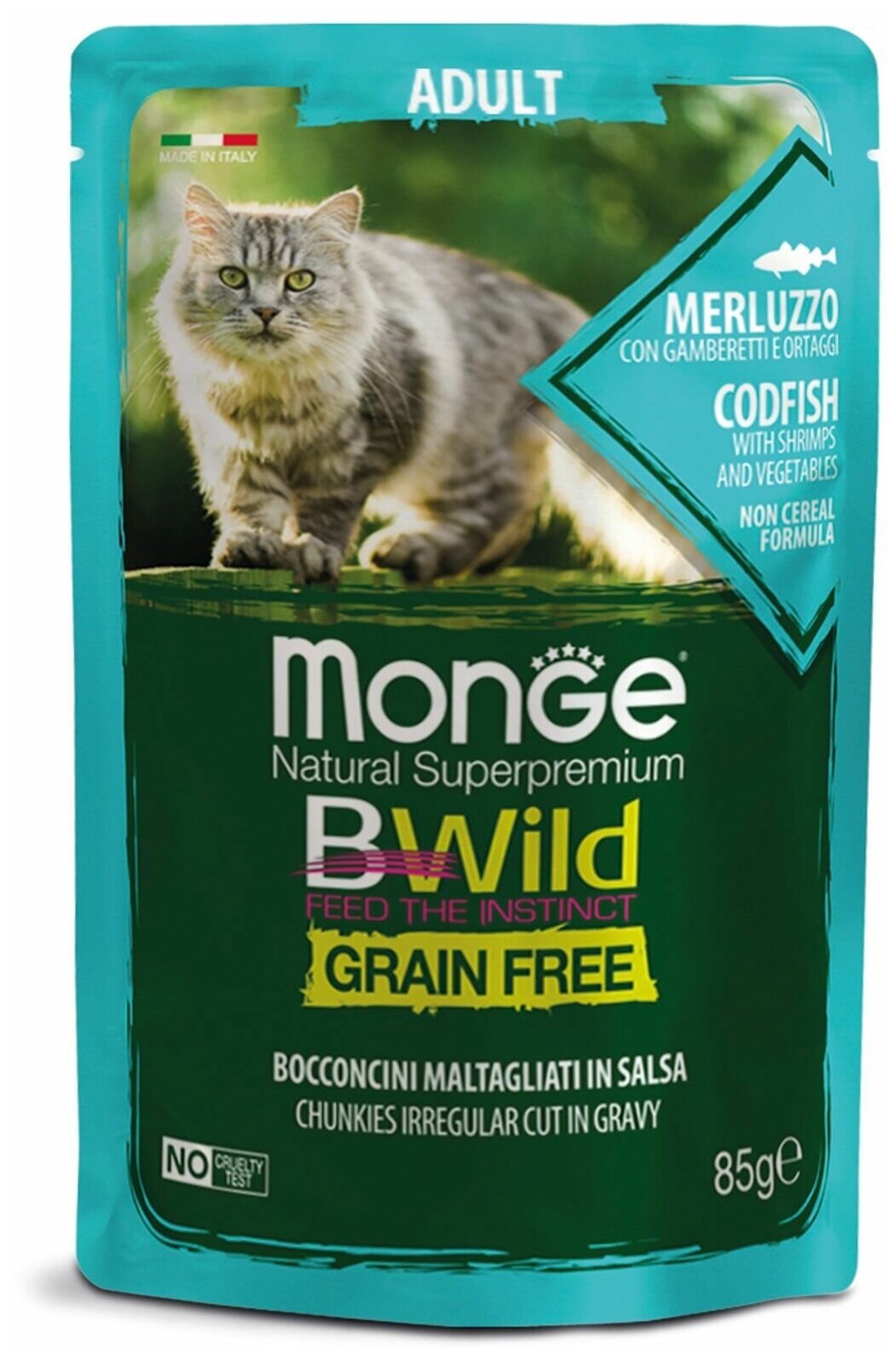 Влажный корм для кошек Monge BWILD Feed the Instinct, беззерновой, с треской, с креветками, с овощами 85 г (кусочки в соусе) - фотография № 1