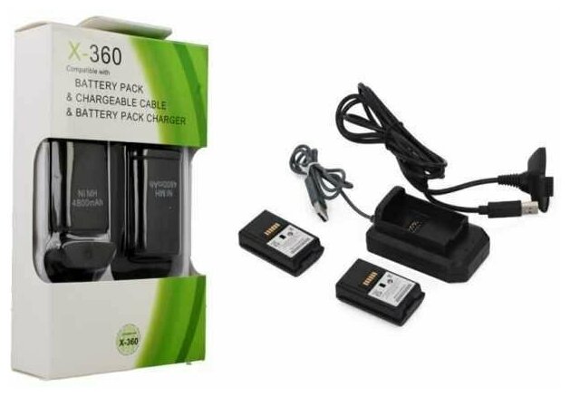 Аккумуляторы 4800 mAh для геймпада Xbox 360 2шт. + зарядная станция с USB кабелем черные