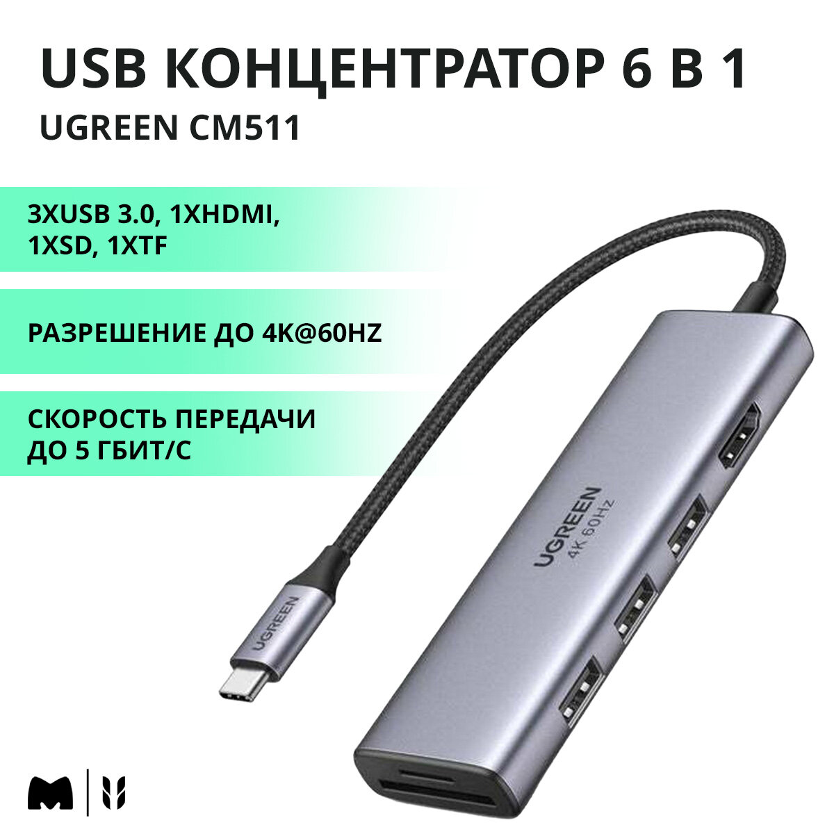 USB концентратор Ugreen Premium 6 в 1 (хаб), USB 3.0, HDMI, TF/SD (60383)