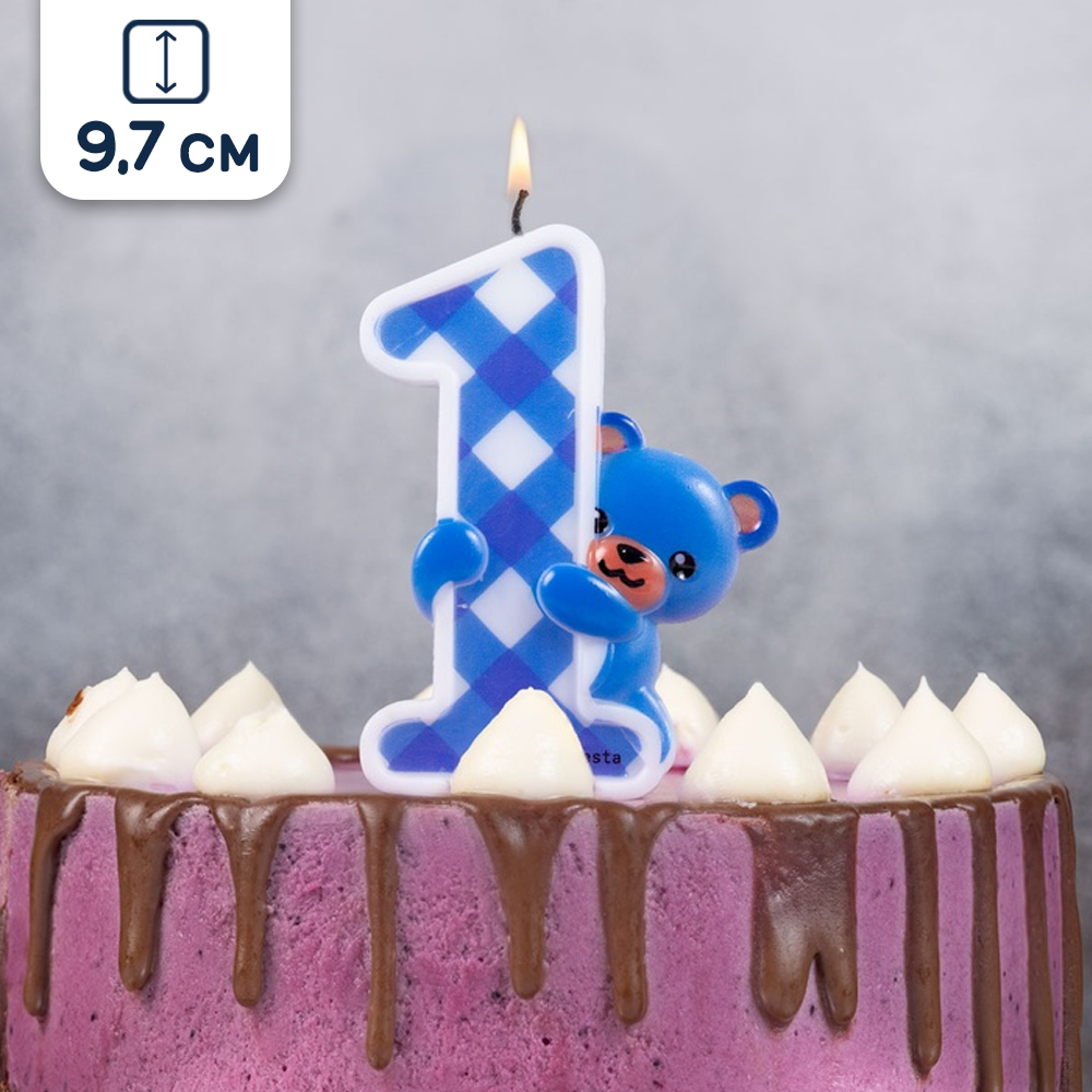 Свеча для торта Riota Цифра 1 на годик для мальчика/сына Медвежонок голубой, 12 см, 1 шт