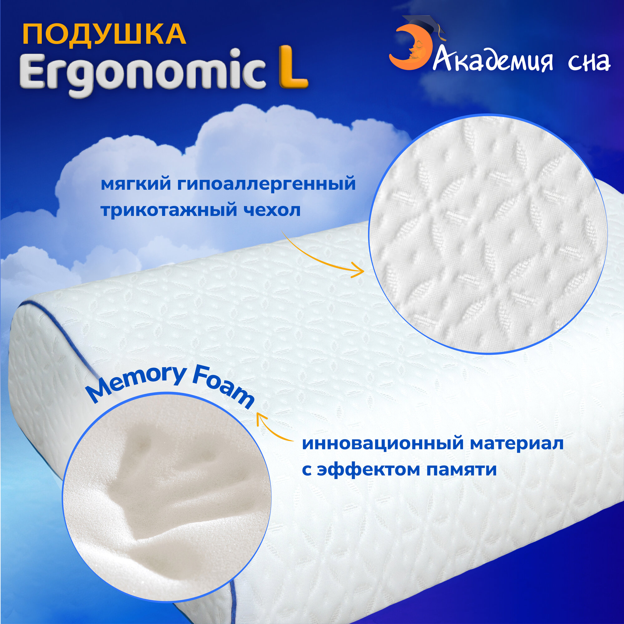 Картинки Ортопедическая, анатомическая подушка Академия Сна Sleep Mode Ergonomic L для сна 60 на 40 высота валиков 11, 13 см