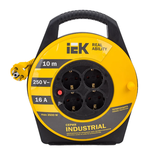 Удлинитель силовой IEK УК10 INDUSTRIAL 2200Вт 3x0, 75 на катушке с заземлением четырехместный 10 метров IP20 желтый/черный