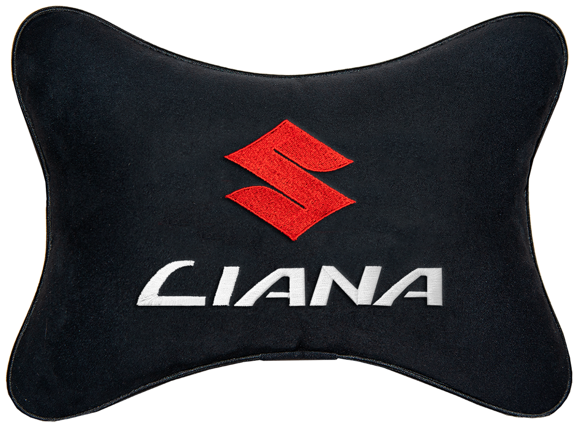 Автомобильная подушка на подголовник алькантара Black с логотипом автомобиля SUZUKI LIANA