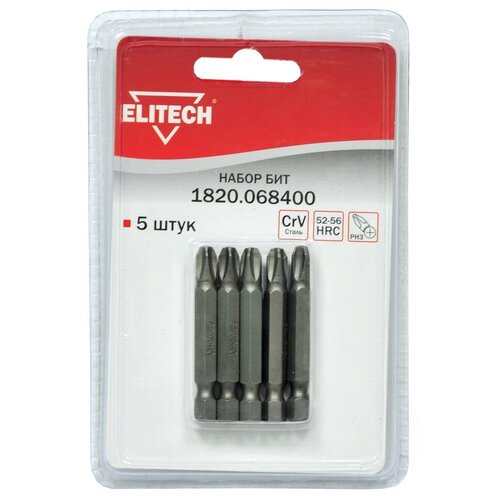 набор бит elitech 1820 068200 phillips ph 1 5 шт Набор бит Elitech 1820.068400, Phillips (PH) №3, 5 шт.