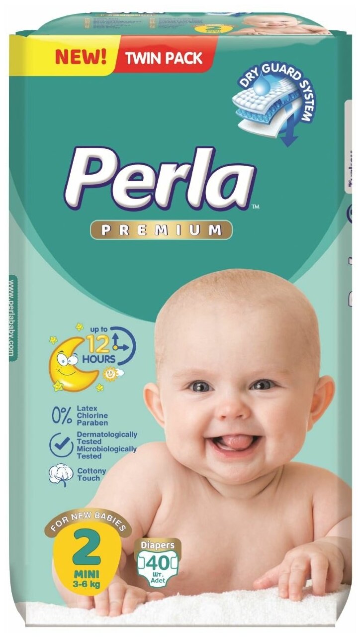 Подгузники детские, для девочек и для мальчиков, памперсы ночные для детей, Perla Twin Mini для новорожденных 3-6 кг, 2 размер, 40 шт