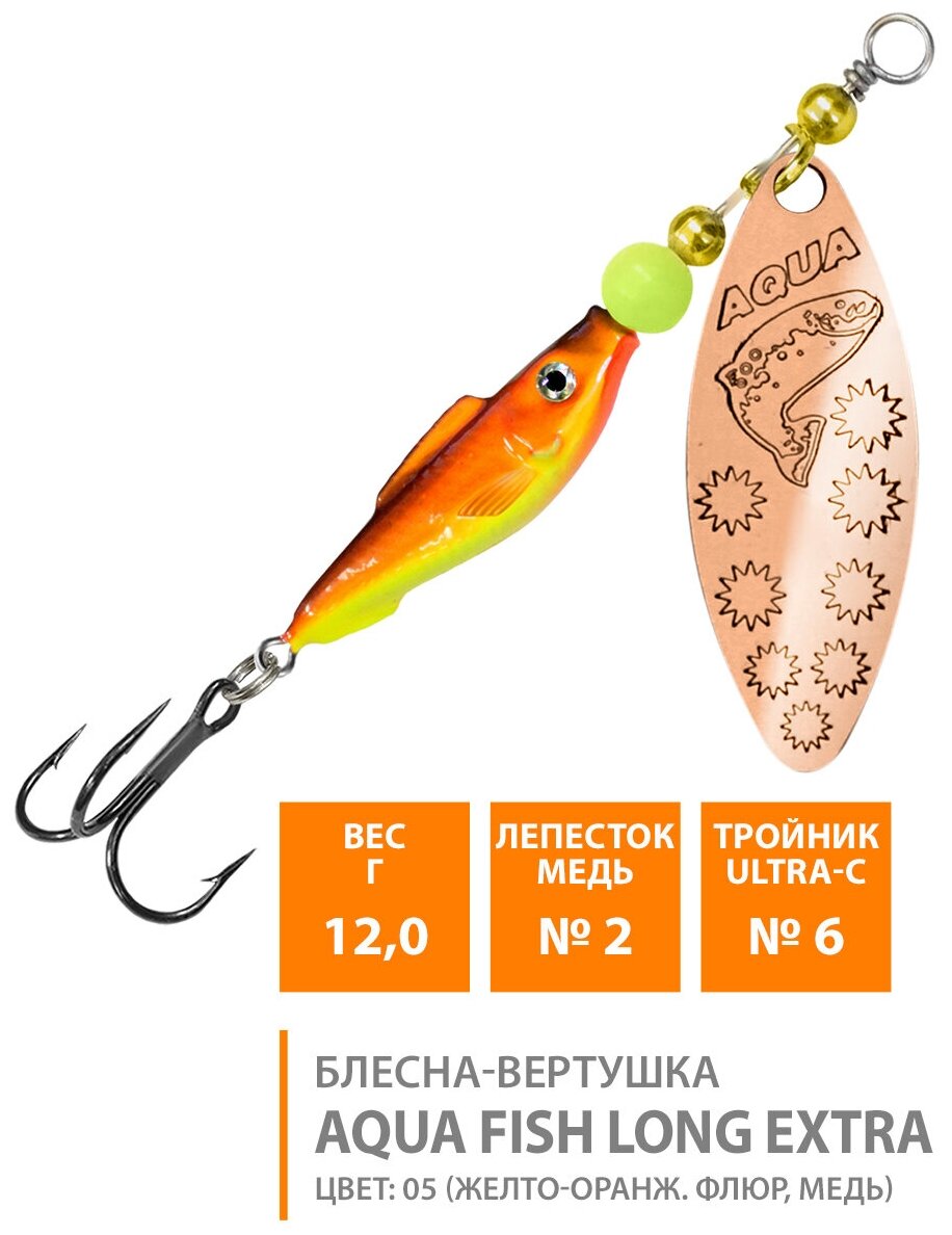 Блесна для рыбалки AQUA FISH LONG EXTRA-2 120g лепесток №2 (золото) / вертушка на окуня судака щуку форель / спиннинг кастинг цвет 62