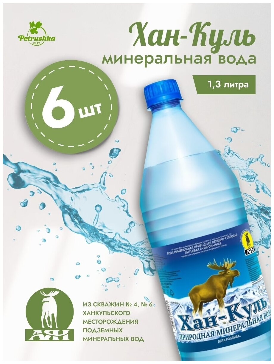 Вода минеральная Хан-Куль, природная, лечебно-столовая, питьевая, газированная, 6 шт. х 1,3 л