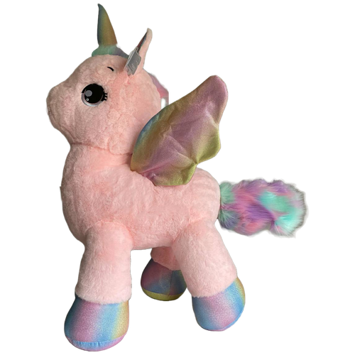 фото Мягкая игрушка единорог пушистый розовый 55 см радужные крылья и копыта plush toys
