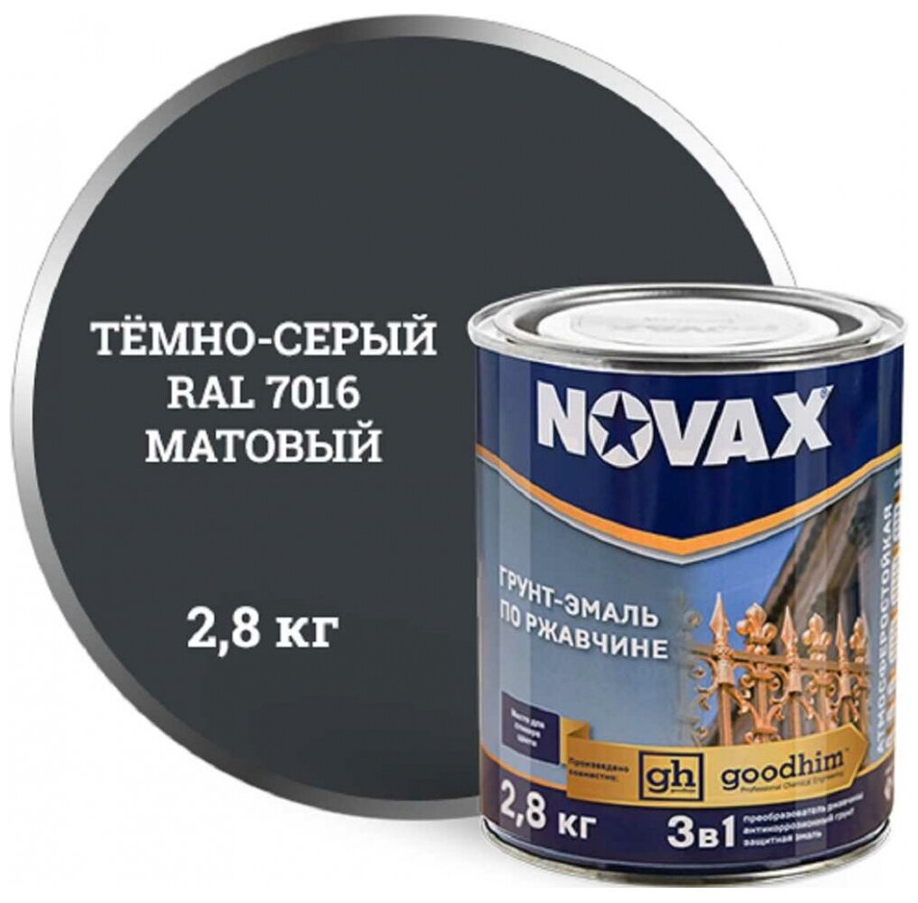 Goodhim Грунт Эмаль 3в1 novax темно-серый RAL 7016 матовая, 3 л. 2,8кг 11035